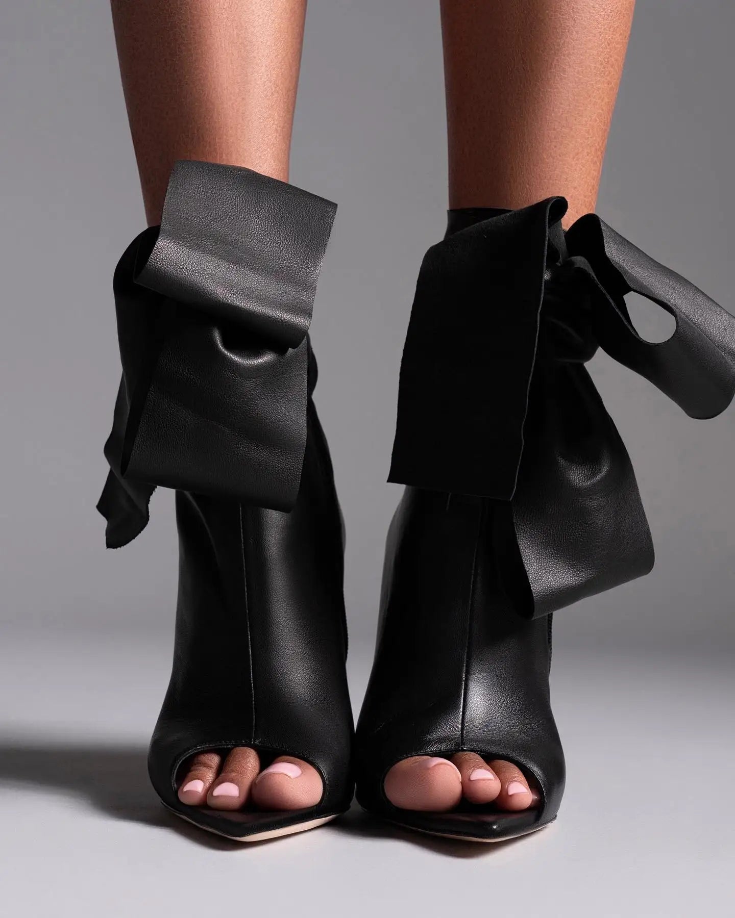 Peep Toe , Wrap-Tie Leather Mid-Calf Stiletto Boots