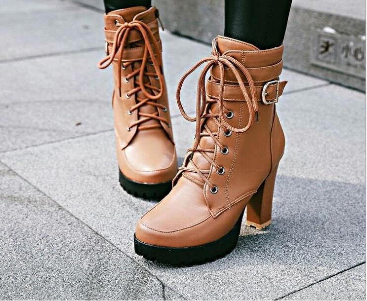 High Heels Women Ankle Boots Lace Up Fall Winter Platform Ladies Boots Large Size Fashion Shoes White Black Brown