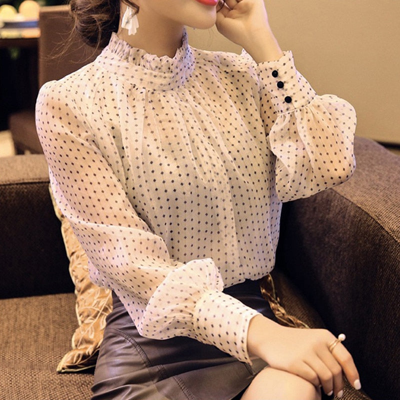 Elegant Long Sleeve Polka Dot Print Purple Blouse