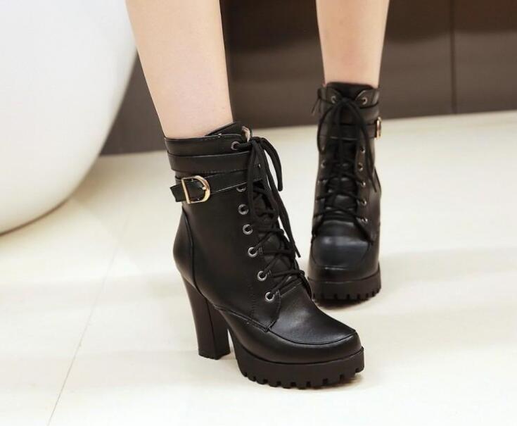 High Heels Women Ankle Boots Lace Up Fall Winter Platform Ladies Boots Large Size Fashion Shoes White Black Brown