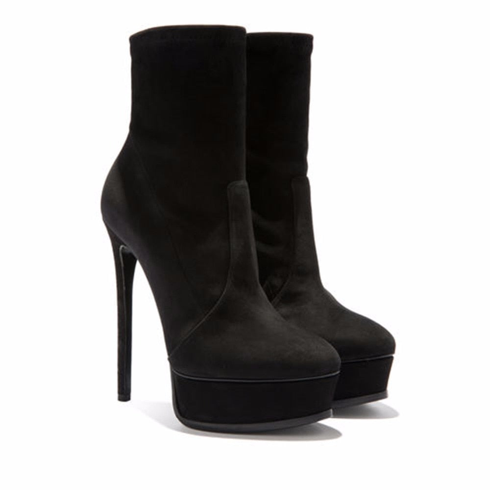 Black Suede Stocking Ankle Boots