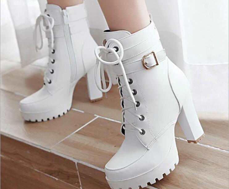 High Heels Women Ankle Boots Lace Up Fall Winter Platform Ladies Boots Large Size Fashion Shoes White Black Brown