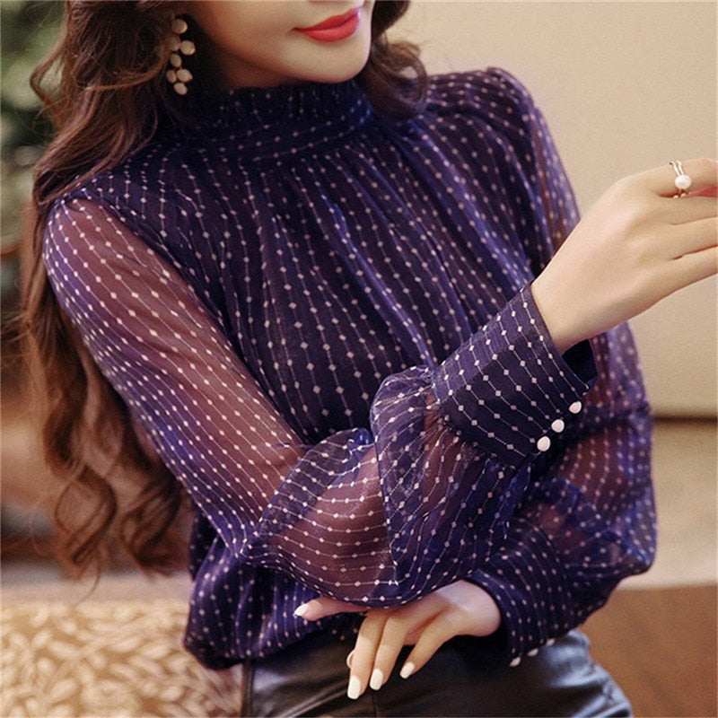 Elegant Long Sleeve Polka Dot Print Purple Blouse