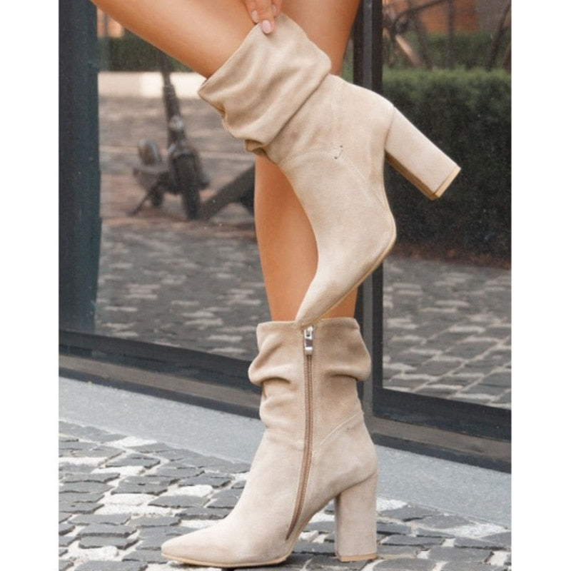 Suede Fold Mid-Calf Boots