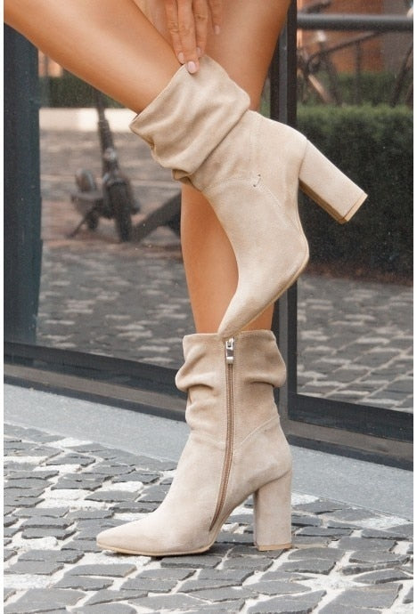 Suede Fold Mid-Calf Boots