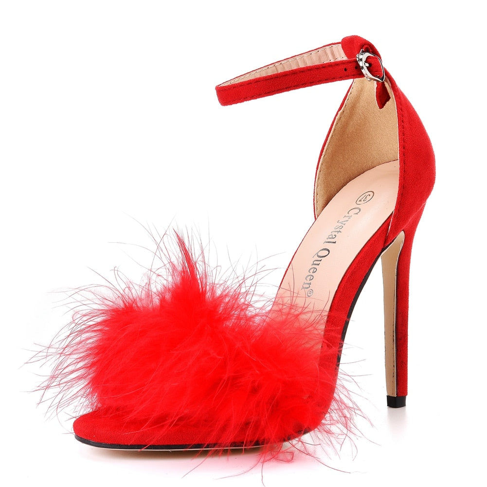 Fluffy Open Toe Stiletto Sandals