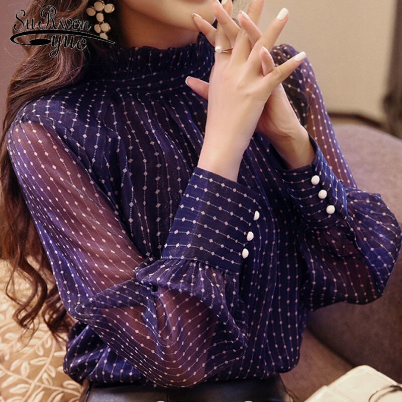 Elegant Long Sleeve Polka Dot Print Purple Blouse