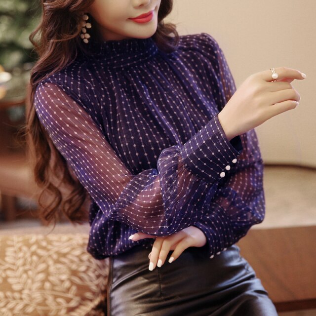 Elegant Long Sleeve Polka Dot Print Purple Blouse