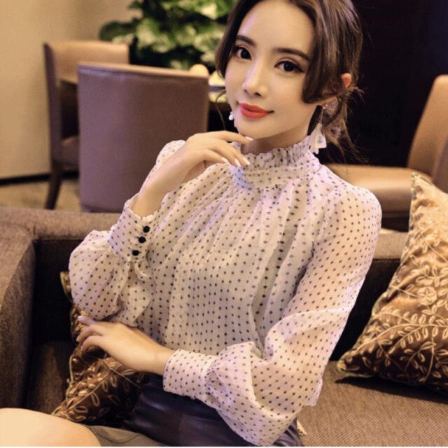 Elegant Long Sleeve Polka Dot Print Purple Blouse