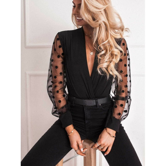 Deep V-neck Transparent Polka Dot Mesh Sleeve Blouse