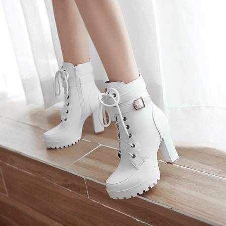 High Heels Women Ankle Boots Lace Up Fall Winter Platform Ladies Boots Large Size Fashion Shoes White Black Brown