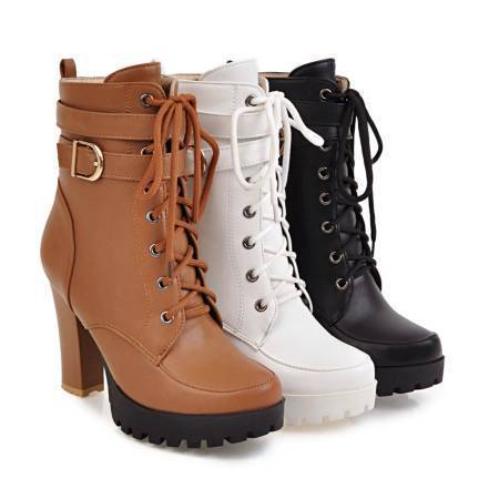 High Heels Women Ankle Boots Lace Up Fall Winter Platform Ladies Boots Large Size Fashion Shoes White Black Brown